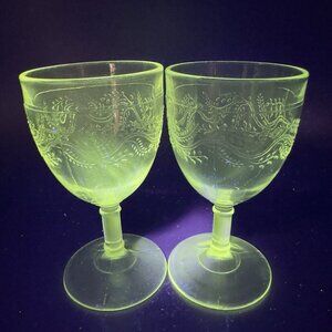 Antique EAPG Capitola Barley Goblet Bryce Higbee Clear Cups Manganese 365nm Set2